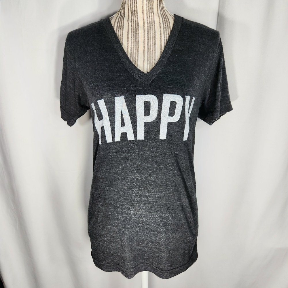 American Apparel Black V Neck Steve Madden Staff HAPPY T Shirt Size XSmall